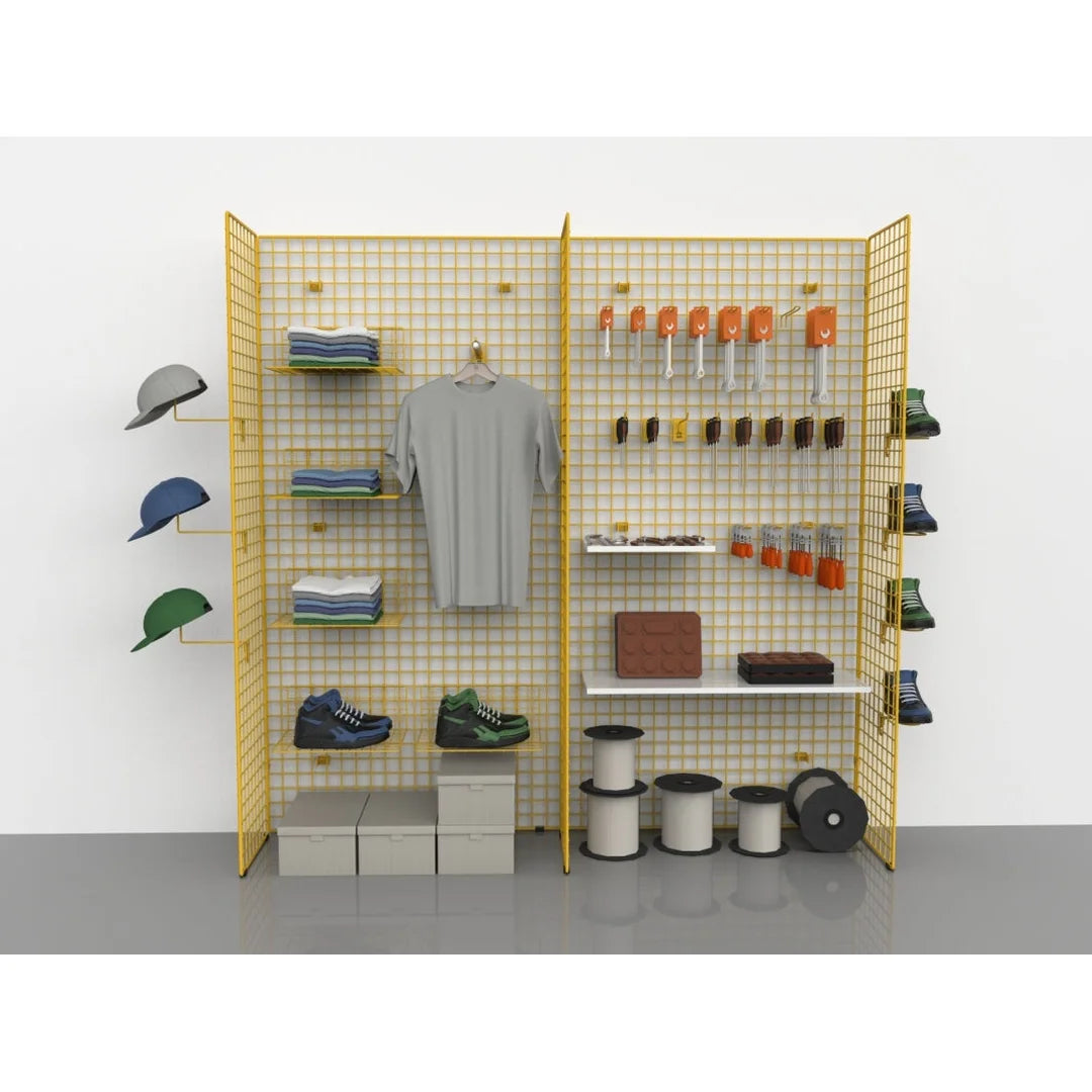 Grille à carrés 5x5 cm montée en gondole pour agencement magasin professionnel