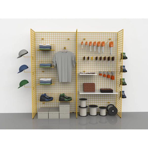 Grille à carrés 5x5 cm montée en gondole pour agencement magasin professionnel