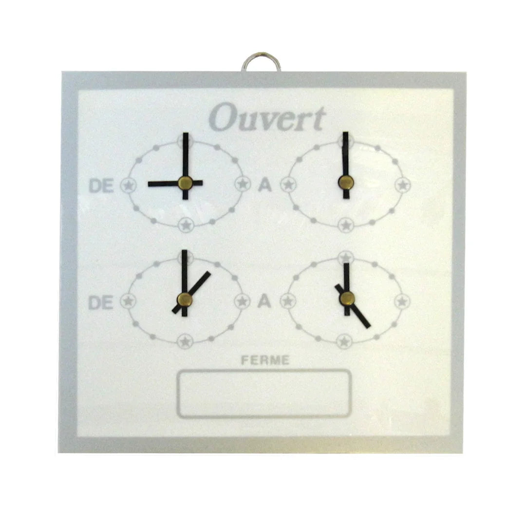 Horaire de porte cadran aiguilles blanc et argent, signalétique commerce professionnel