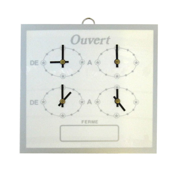 Horaire de porte cadran aiguilles blanc et argent, signalétique commerce professionnel