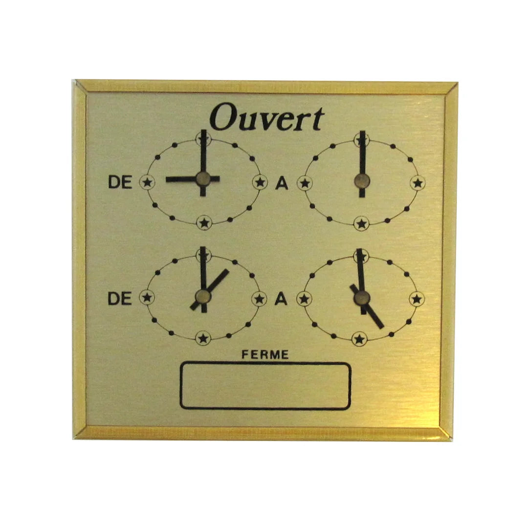 Horaire de porte à cadran aiguilles coloris or, format 13,5 x 13,5 cm, pour commerce