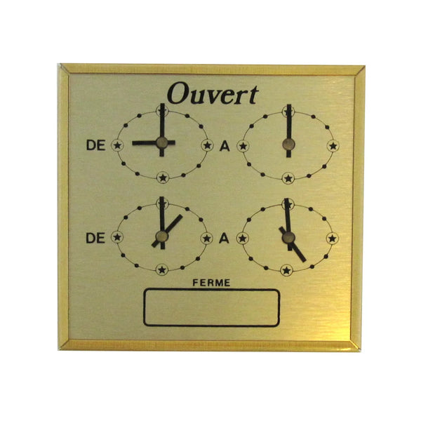 Horaire de porte à cadran aiguilles coloris or, format 13,5 x 13,5 cm, pour commerce