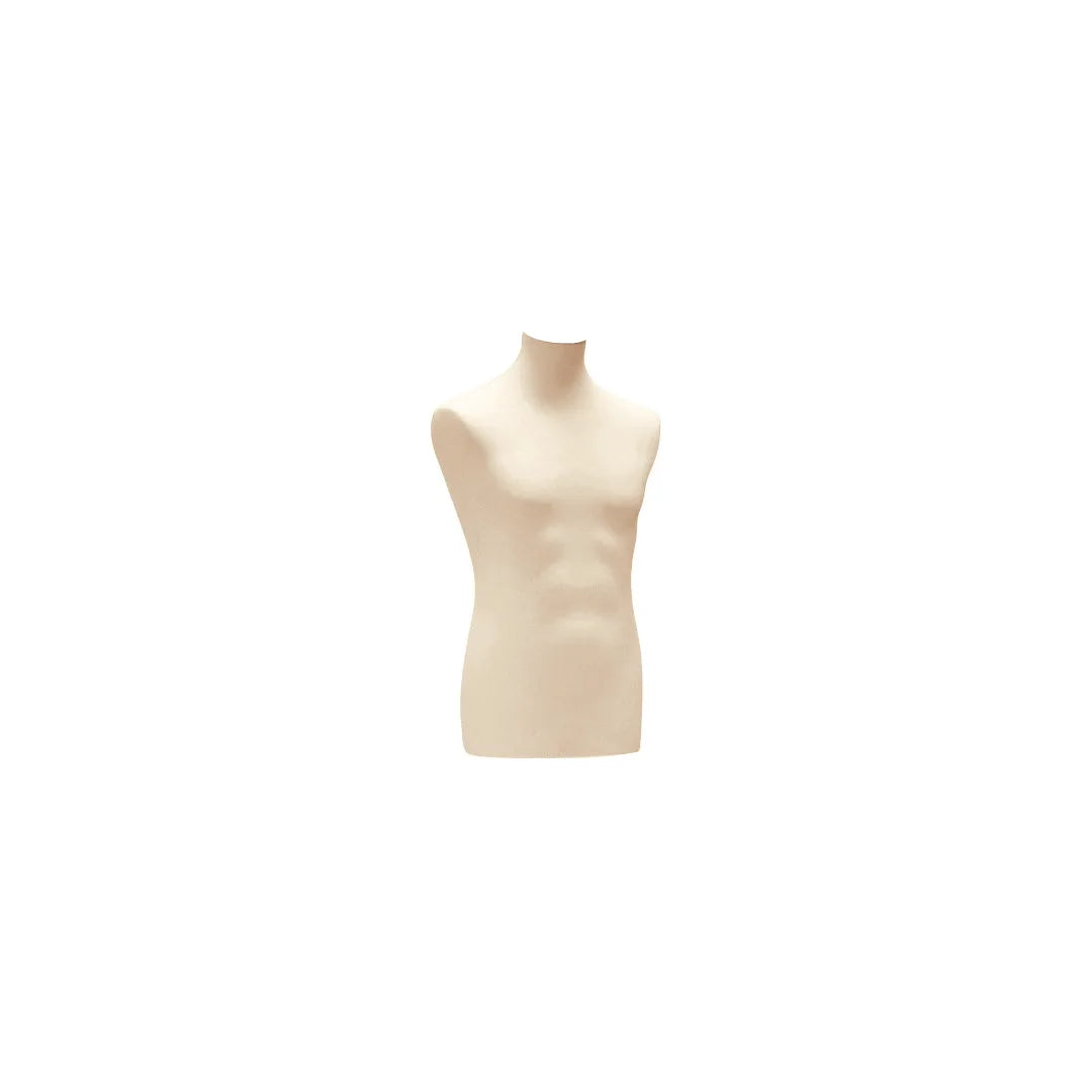 Housse buste mannequin homme coloris écru, jersey élastique, compatible bustes standards magasin