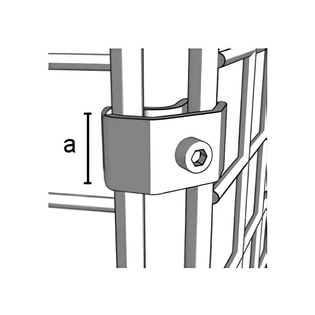 Détail de fixation d'un joint d'angle pour grilles de présentation en magasin, finition métal
