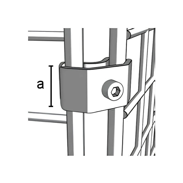 Détail de fixation d'un joint d'angle pour grilles de présentation en magasin, finition métal