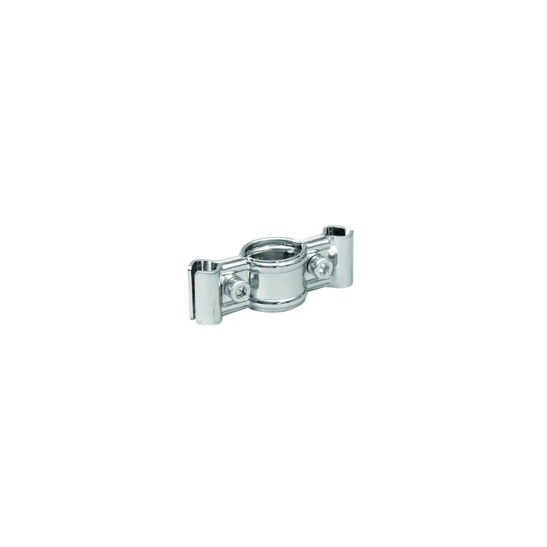 Joint métal chromé pour tube Ø 25 mm et 2 fils de grille Ø 6 mm, système modulaire magasin