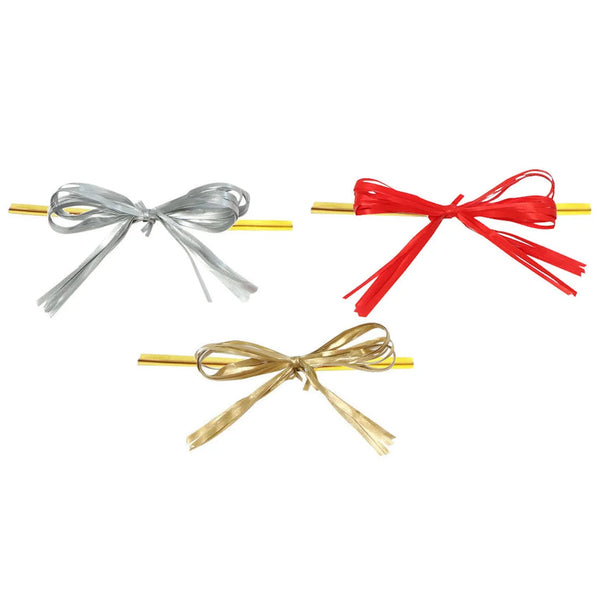Liens pour sachets confiseur avec nœud raphia en trois coloris : or, argent et rouge