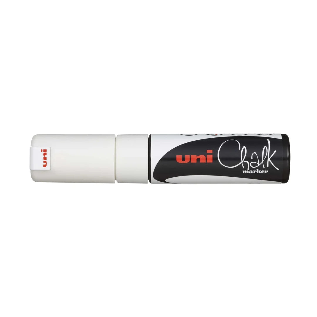 Marqueur craie Uni Chalk pointe biseau 8 mm couleur blanc pour ardoise et vitrine de magasin