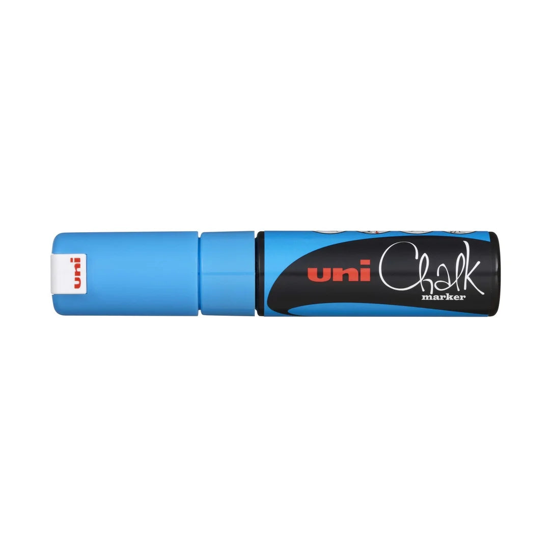 Marqueur craie Uni Chalk pointe biseau 8 mm couleur bleu clair, usage intérieur et extérieur