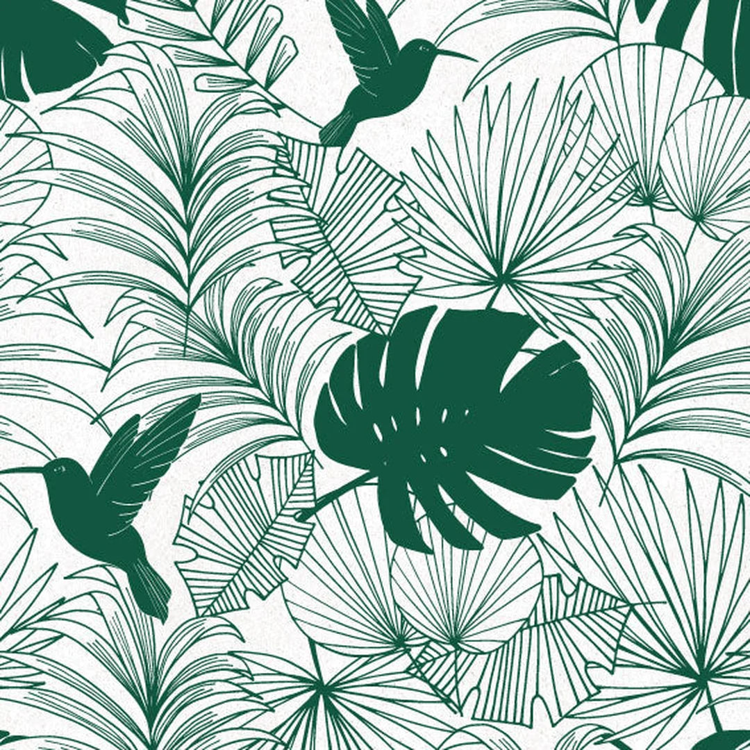 Rouleau de papier cadeau couché motif tropical vert feuillage et colibri, 80g recyclé, 0,7 x 100 m
