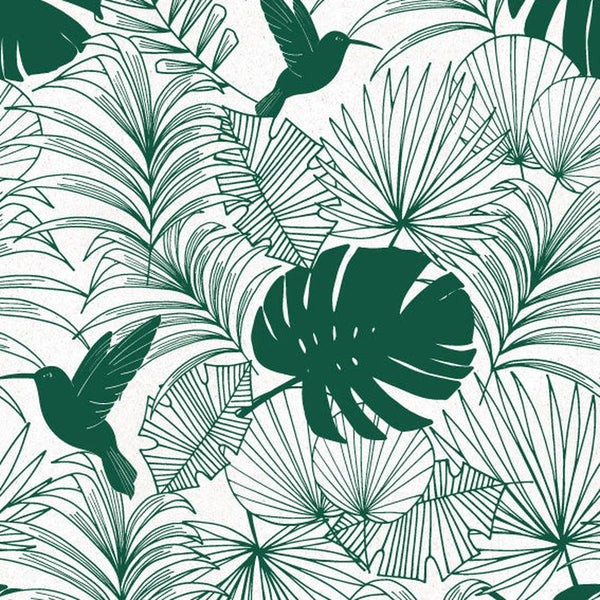 Rouleau de papier cadeau couché motif tropical vert feuillage et colibri, 80g recyclé, 0,7 x 100 m