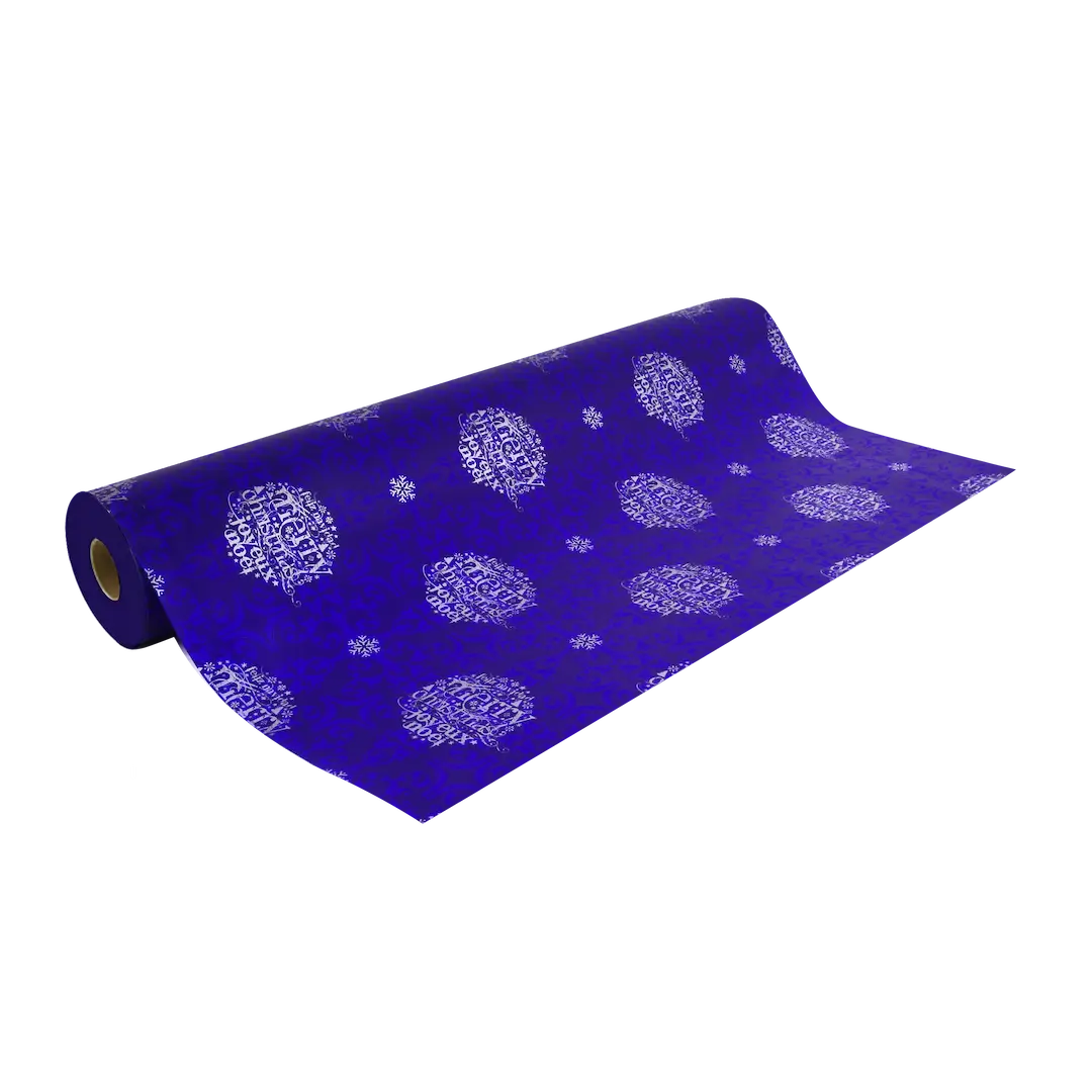 Rouleau papier cadeau de Noël, boule merry christmas bleu, largeur 0,7 m et longueur 100 m, motifs festifs variés, idéal pour emballages cadeaux professionnels en période de fêtes.