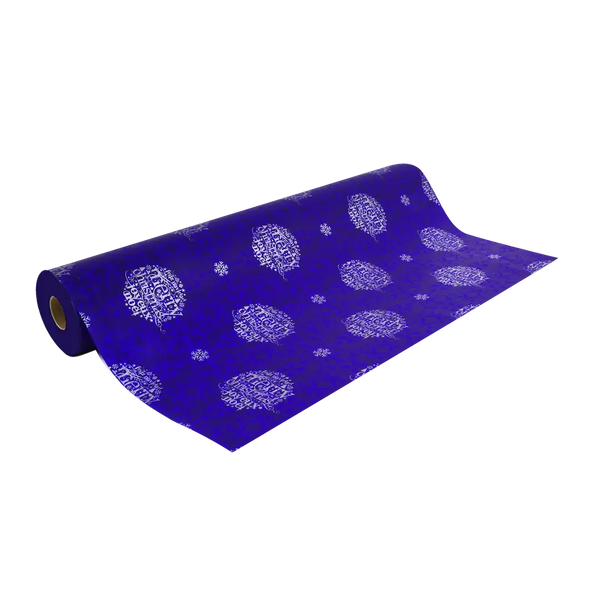Rouleau papier cadeau de Noël, boule merry christmas bleu, largeur 0,7 m et longueur 100 m, motifs festifs variés, idéal pour emballages cadeaux professionnels en période de fêtes.