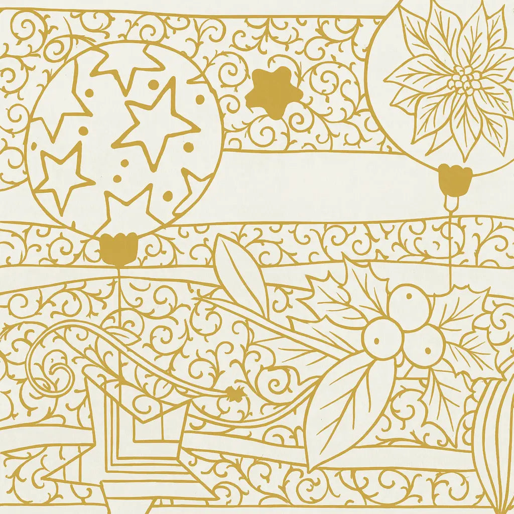 Rouleau papier cadeau de Noël, boule et gui or, largeur 0,7 m et longueur 100 m, motifs festifs variés, idéal pour emballages cadeaux professionnels en période de fêtes.