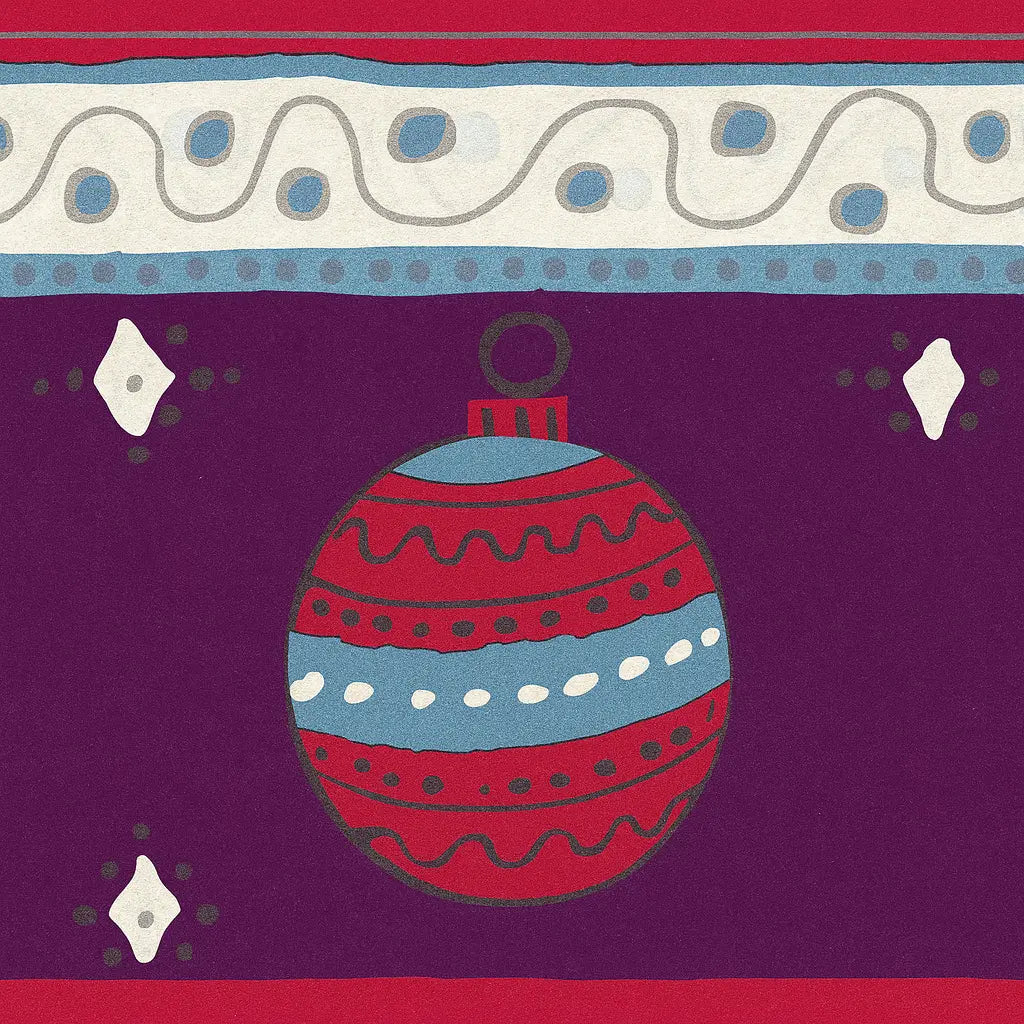 Rouleau papier cadeau de Noël, boules rose-violet-bleu, largeur 0,7 m et longueur 100 m, motifs festifs variés, idéal pour emballages cadeaux professionnels en période de fêtes.