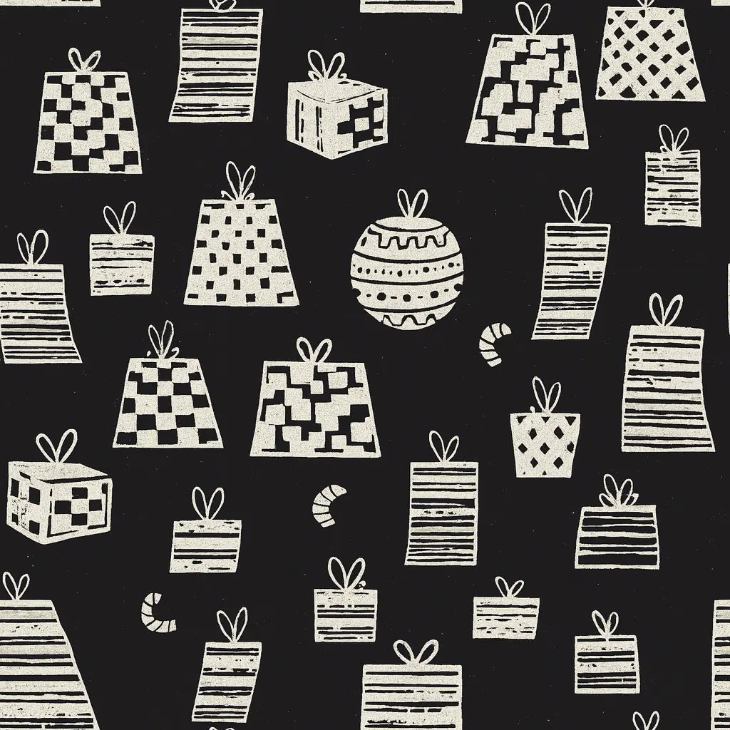 Rouleau papier cadeau de Noël, cadeaux noir et blanc, largeur 0,7 m et longueur 100 m, motifs festifs variés, idéal pour emballages cadeaux professionnels en période de fêtes.