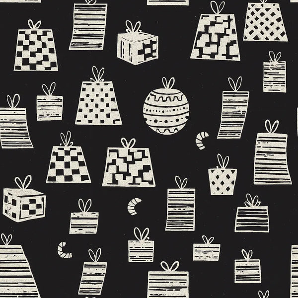 Rouleau papier cadeau de Noël, cadeaux noir et blanc, largeur 0,7 m et longueur 100 m, motifs festifs variés, idéal pour emballages cadeaux professionnels en période de fêtes.