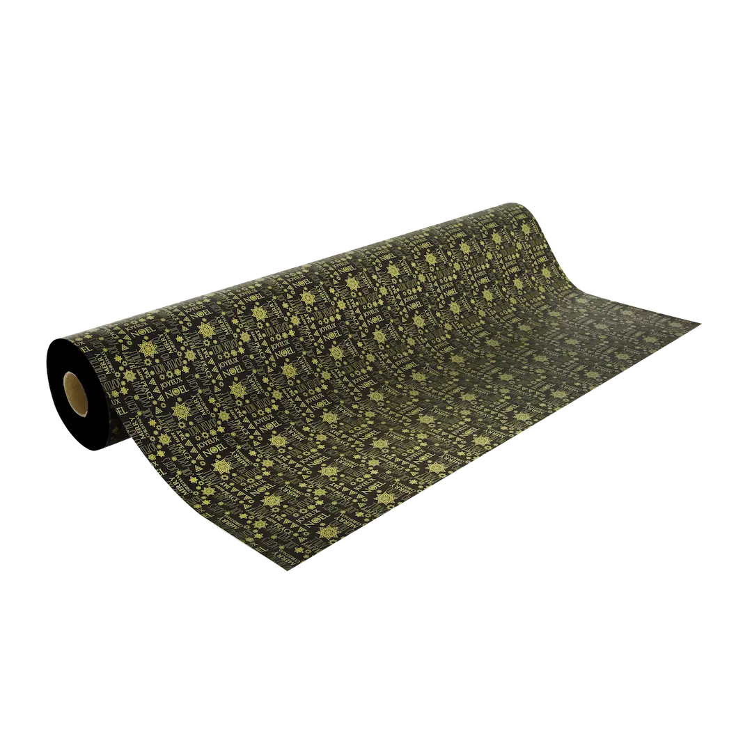 Rouleau papier cadeau de Noël, merry christmas or sur noir, largeur 0,7 m et longueur 100 m, motifs festifs variés, idéal pour emballages cadeaux professionnels en période de fêtes.