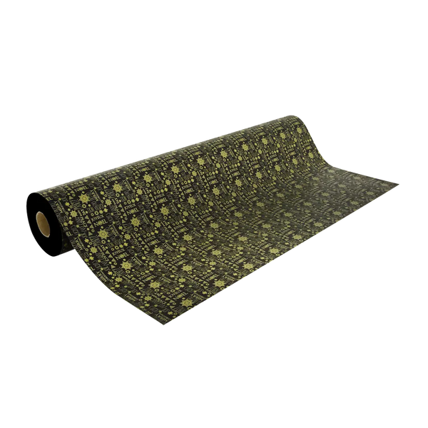 Rouleau papier cadeau de Noël, merry christmas or sur noir, largeur 0,7 m et longueur 100 m, motifs festifs variés, idéal pour emballages cadeaux professionnels en période de fêtes.