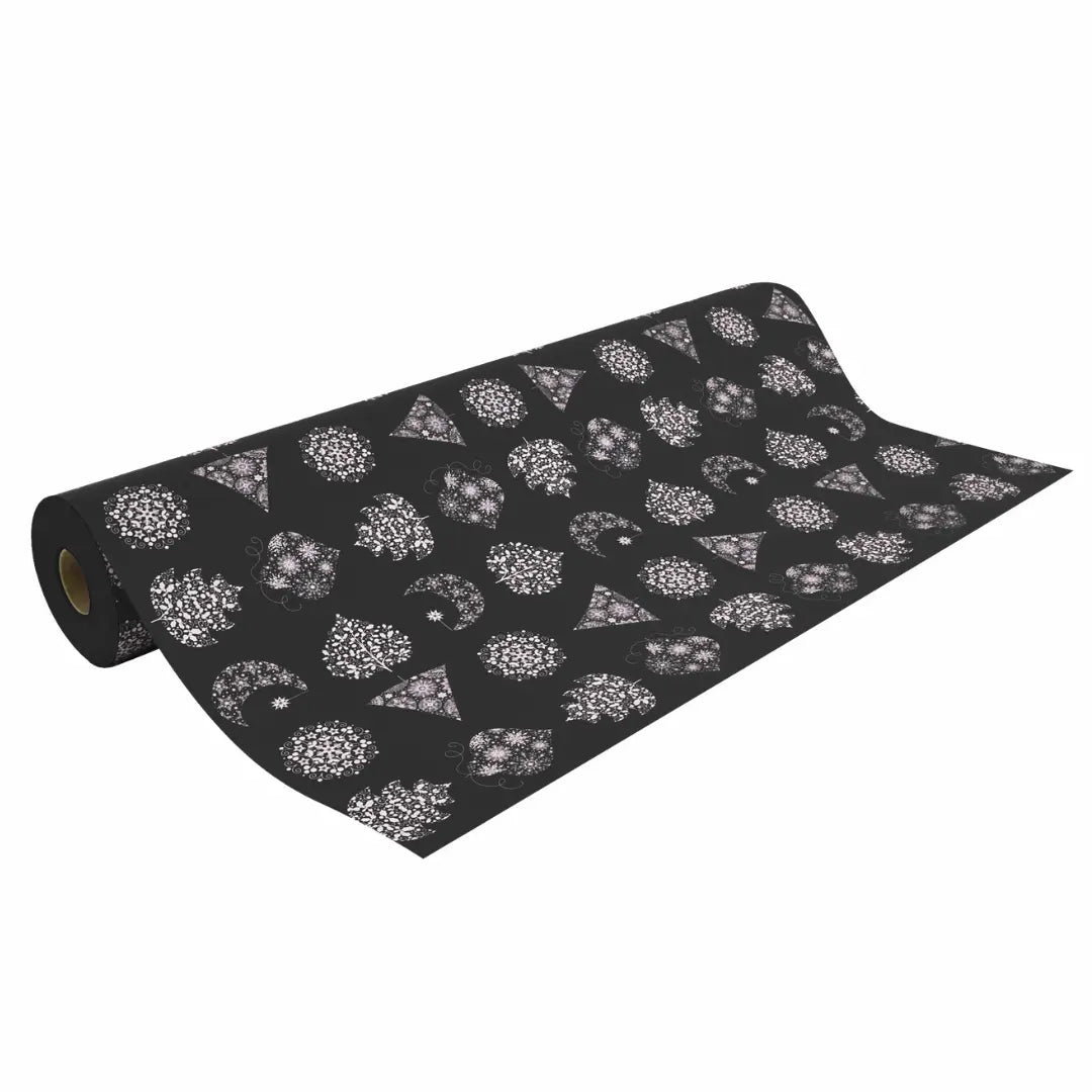 Rouleau papier cadeau de Noël, sapin lune blanc, largeur 0,7 m et longueur 100 m, motifs festifs variés, idéal pour emballages cadeaux professionnels en période de fêtes.