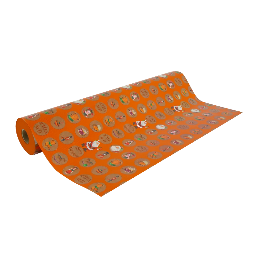 Rouleau papier cadeau de Noël, boule merry christmas orange, largeur 0,7 m et longueur 100 m, motifs festifs variés, idéal pour emballages cadeaux professionnels en période de fêtes.