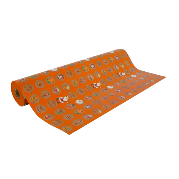 Rouleau papier cadeau de Noël, boule merry christmas orange, largeur 0,7 m et longueur 100 m, motifs festifs variés, idéal pour emballages cadeaux professionnels en période de fêtes.