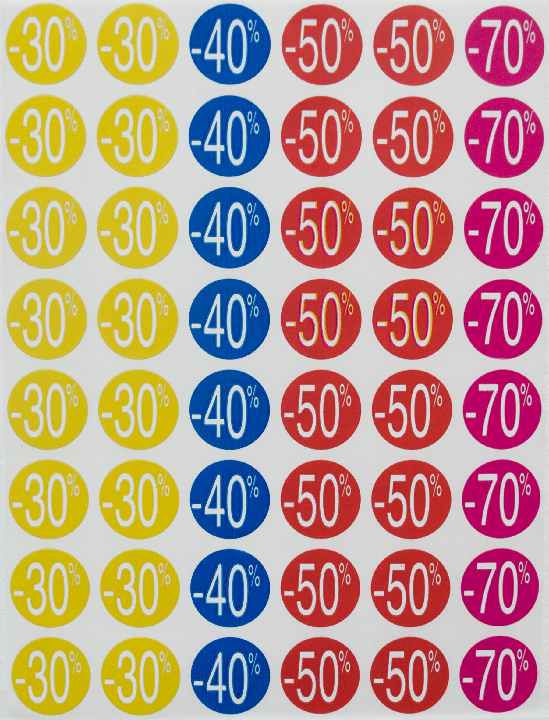 Feuille de pastilles adhésives -30% à -70% Ø 24 mm pour promotions et soldes en magasin – 240 pièces