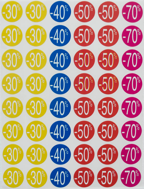 Feuille de pastilles adhésives -30% à -70% Ø 24 mm pour promotions et soldes en magasin – 240 pièces