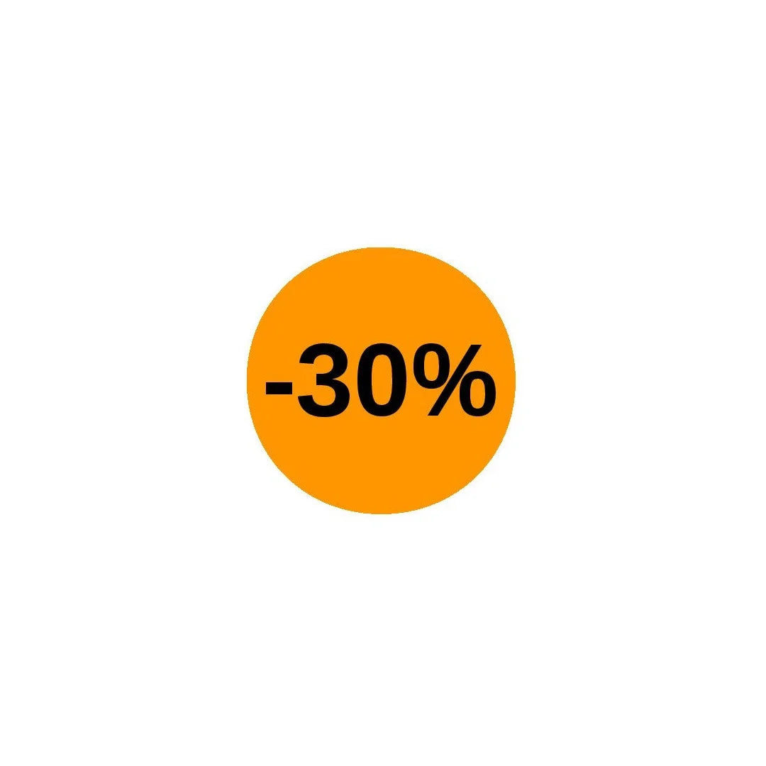 Pastilles adhésives fluo oranges Ø 32 mm mention -30% – rouleau de 1000 pour étiquetage remises en boutique
