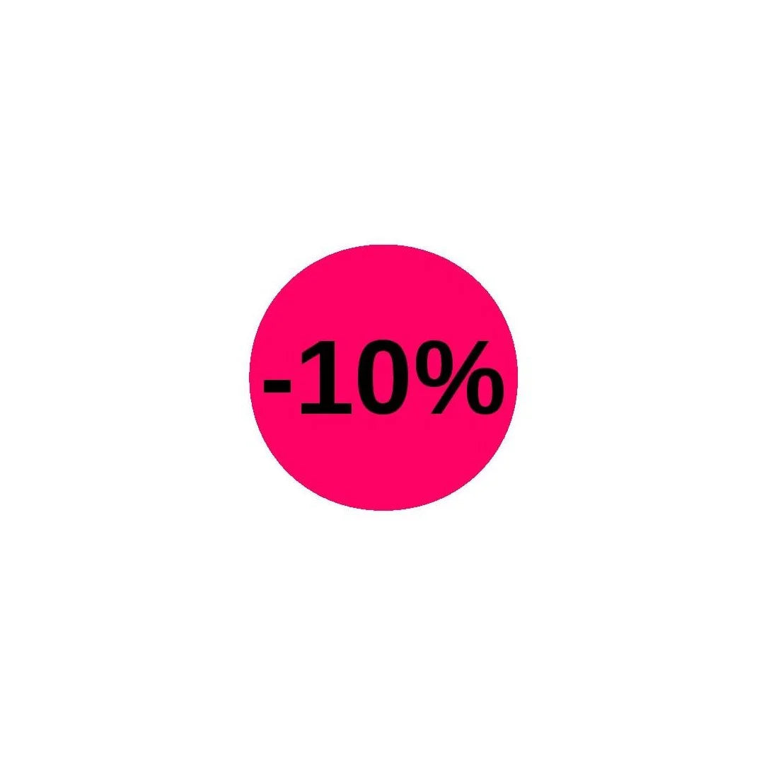 Pastilles adhésives fluo roses Ø 32 mm mention -10% – rouleau de 1000 pièces pour étiquetage promotionnel en magasin
