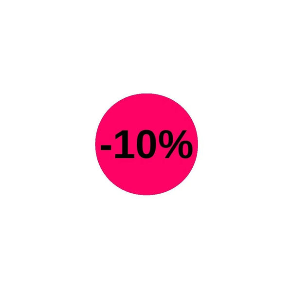 Pastilles adhésives fluo roses Ø 32 mm mention -10% – rouleau de 1000 pièces pour étiquetage promotionnel en magasin