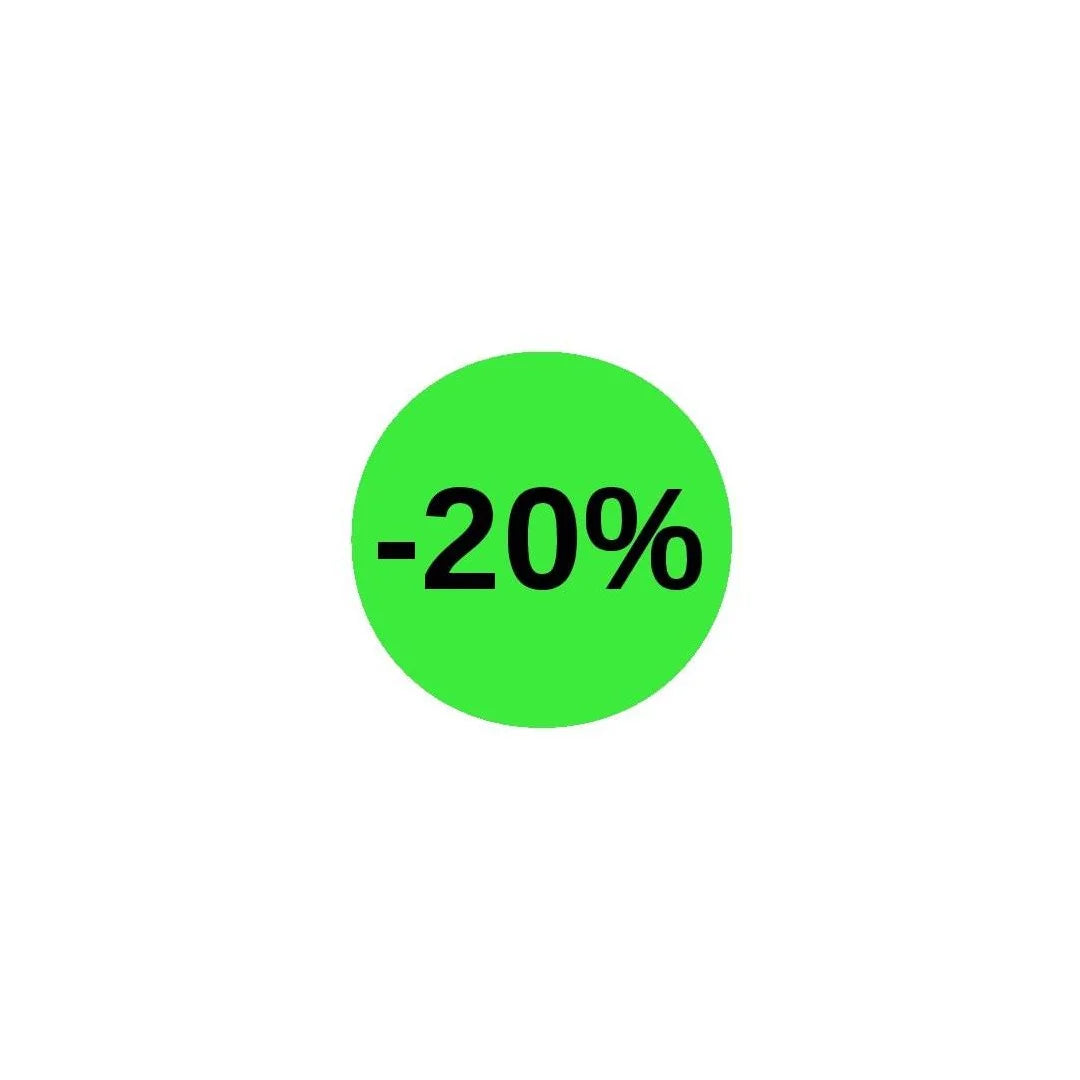 Pastilles adhésives fluo vertes Ø 32 mm mention -20% – rouleau de 1000 pièces pour signalétique soldes