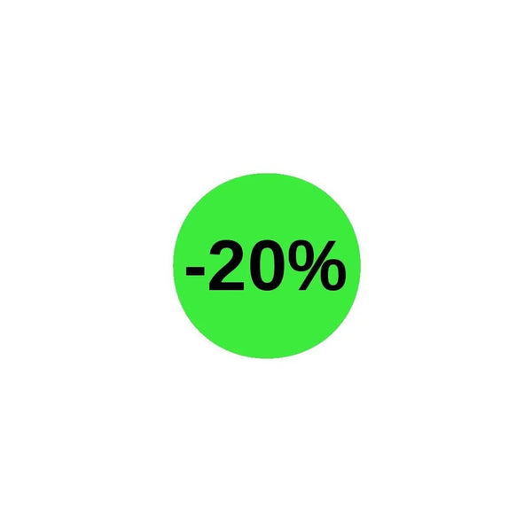 Pastilles adhésives fluo vertes Ø 32 mm mention -20% – rouleau de 1000 pièces pour signalétique soldes