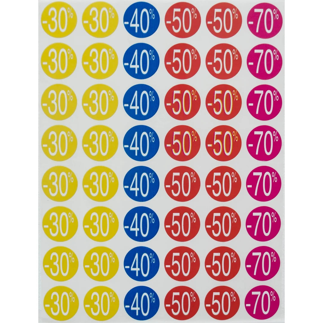 Pastilles adhésives rondes Ø 24 mm avec pourcentages -30% -40% -50% -70%, lot de 240 pièces pour signalétique promotion magasin