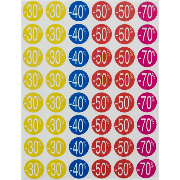 Pastilles adhésives rondes Ø 24 mm avec pourcentages -30% -40% -50% -70%, lot de 240 pièces pour signalétique promotion magasin