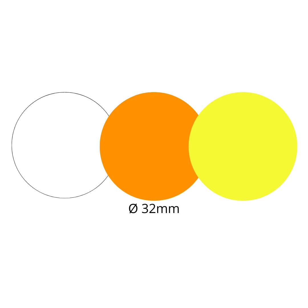 Pastilles adhésives rondes Ø 32 mm en rouleau de 1000 pièces, coloris blanc et fluo, usage professionnel magasin