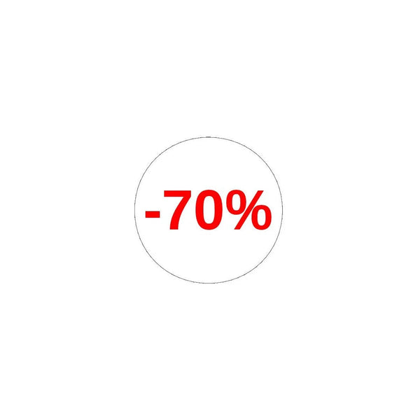 Pastilles adhésives rouge sur blanc Ø 32 mm mention -70% – rouleau 1000 pièces pour liquidation en commerce