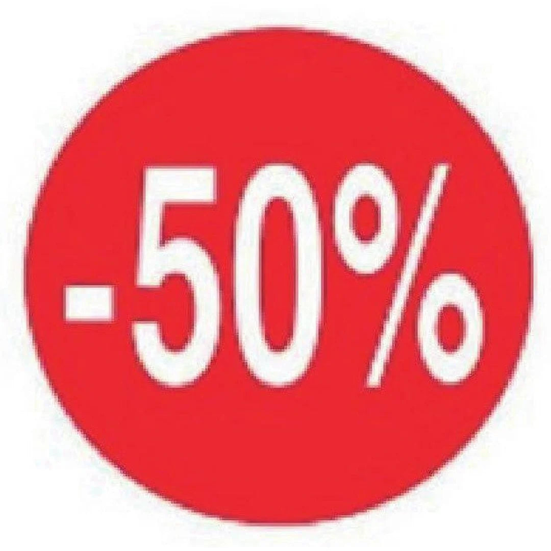 Pastilles autocollantes rouges Ø 40 mm avec -50 % pour mise en avant des remises en magasin