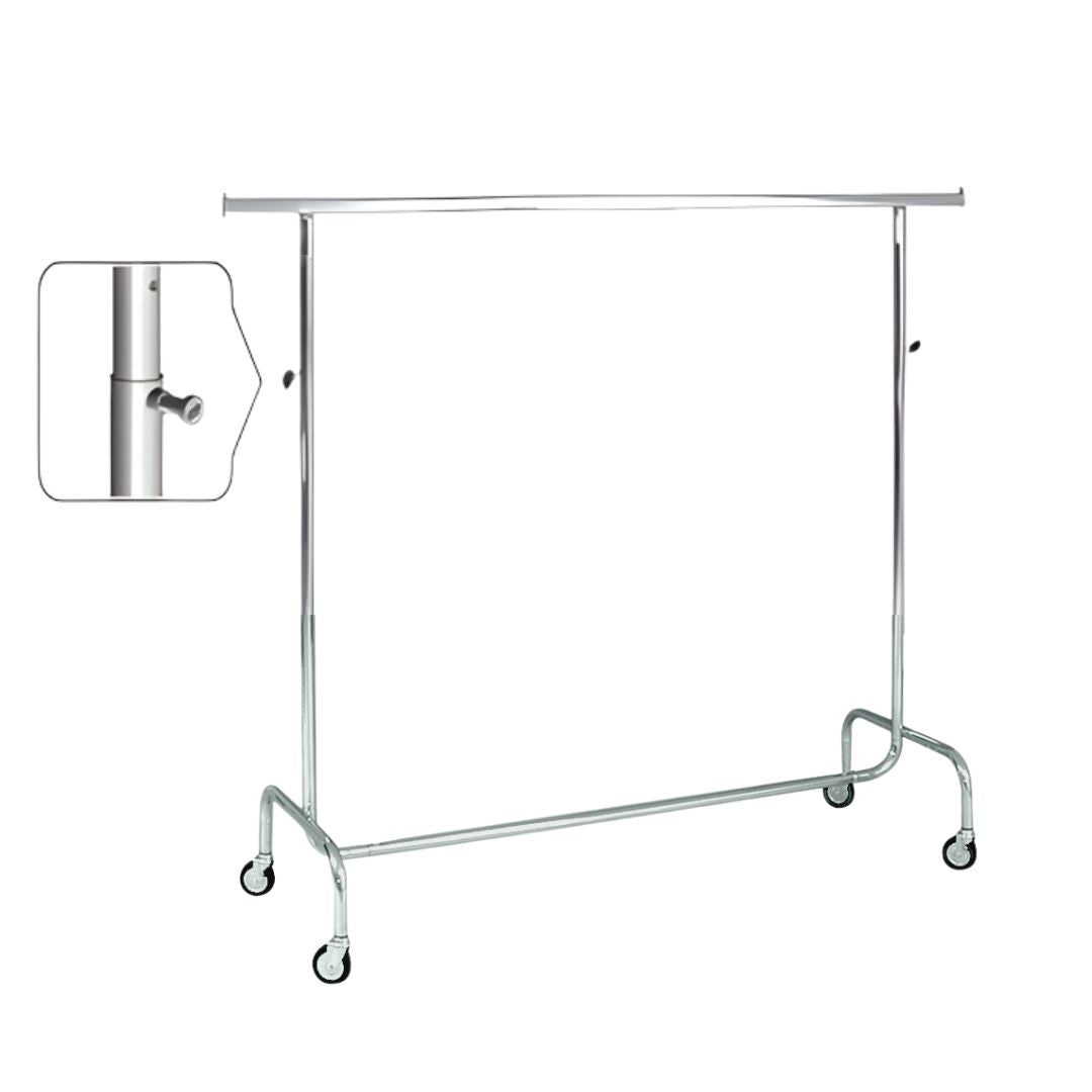 Penderie chromée réglable – support à vêtements avec roulettes Ø 8 cm pour boutiques et showrooms