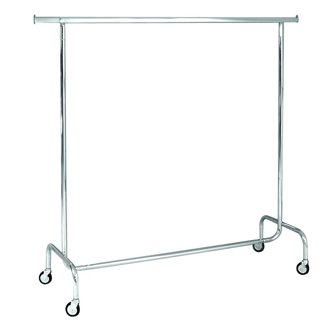 Penderie chromée fixe sur roulettes Ø 8 cm pour magasin, hauteur 150 cm