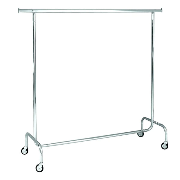 Penderie chromée fixe sur roulettes Ø 8 cm pour magasin, hauteur 150 cm