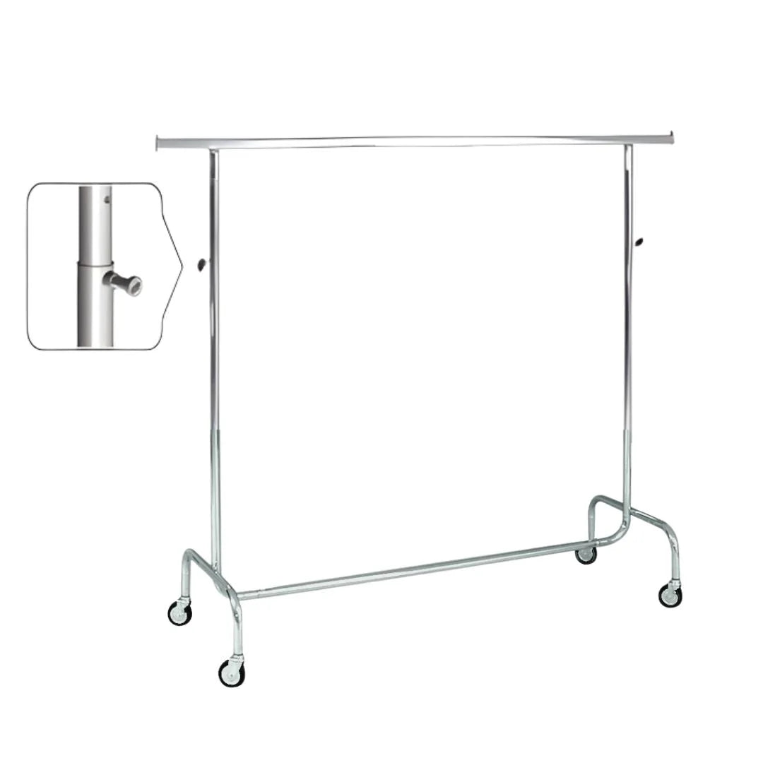 Penderie chromée réglable 130–203 cm sur roulettes Ø 8 cm pour boutique professionnelle