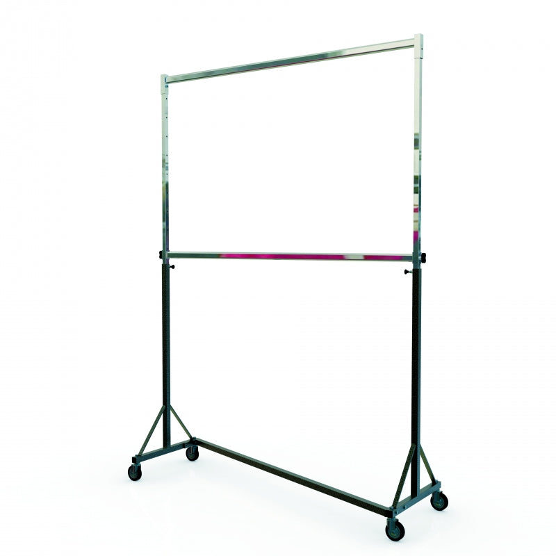 Penderie réglable en métal noir et chrome avec grandes roues de 8 cm – structure robuste pour boutiques et showrooms