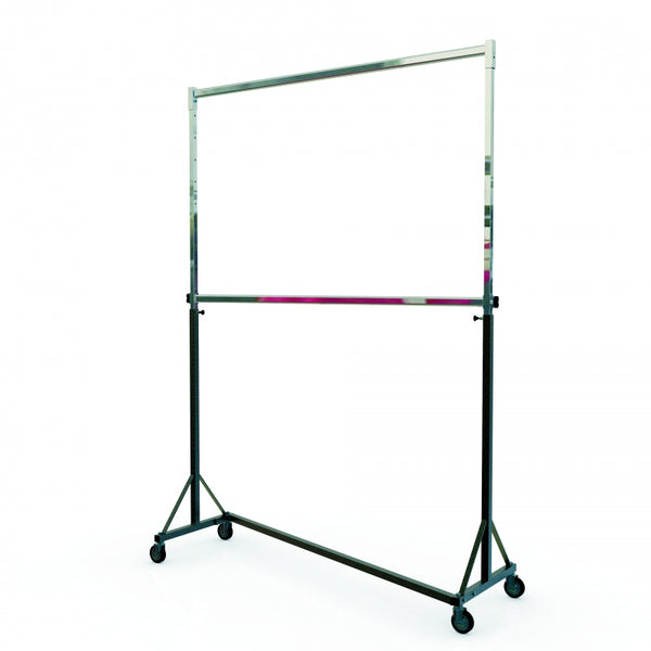 Penderie réglable en métal noir et chrome avec grandes roues de 8 cm – structure robuste pour boutiques et showrooms