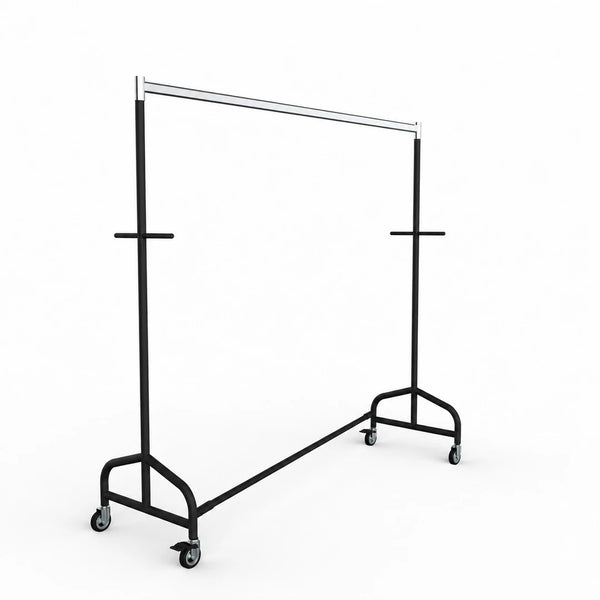 Penderie en Z charge 100kg, 170 cm métal noir mat avec barre chromée et roues 8 cm pour magasin