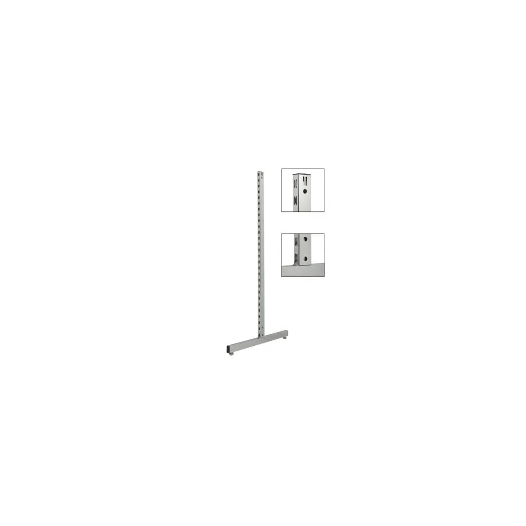 Pied T lourd crémaillère pour gondole professionnelle, profondeur 710 mm, disponible en chromé, noir mat et blanc mat