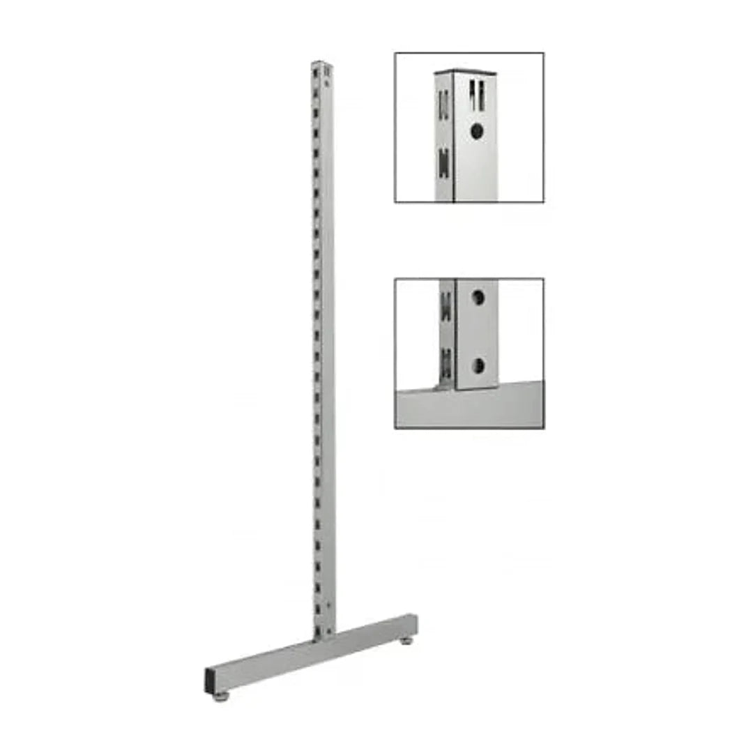 Pied T lourd crémaillère pour gondole professionnelle, profondeur 710 mm, disponible en chromé, noir mat et blanc mat