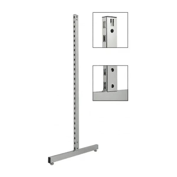 Pied T lourd crémaillère pour gondole professionnelle, profondeur 710 mm, disponible en chromé, noir mat et blanc mat