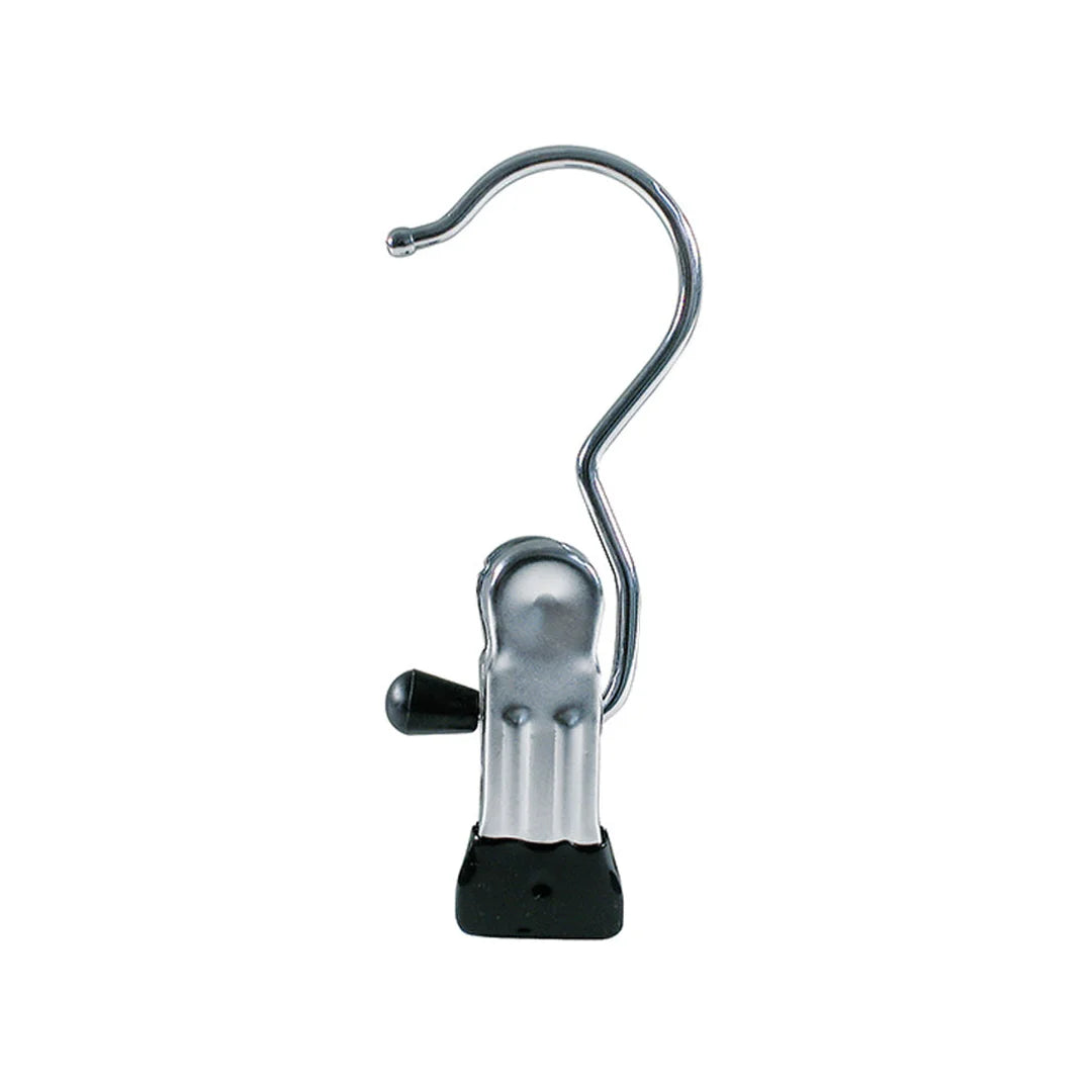 Pince métal chromée avec crochet 36 mm pour suspendre accessoires sur cintre en magasin