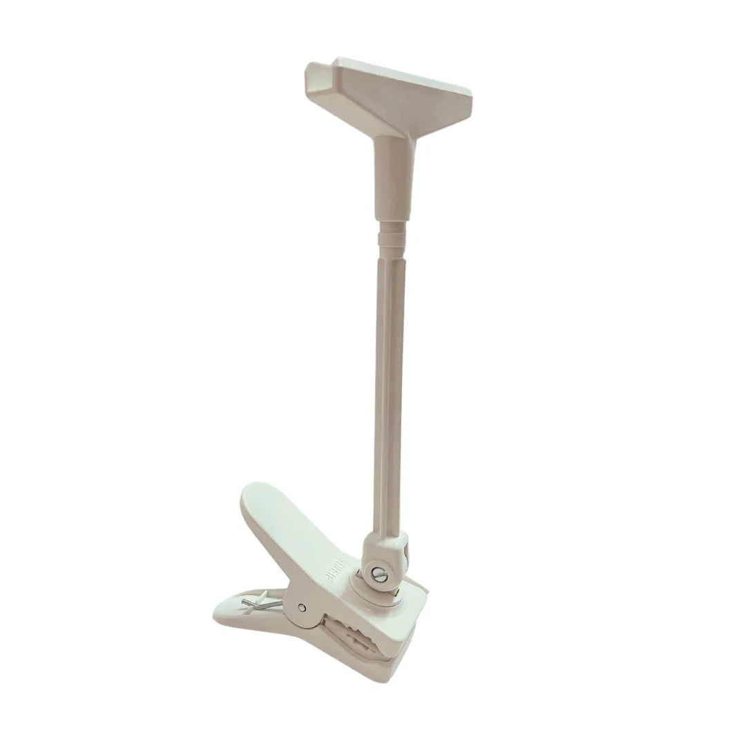 Pince orientable blanche pour cadre porte-affiche, compatible formats A6 à A3, fixation sur rayon ou portant